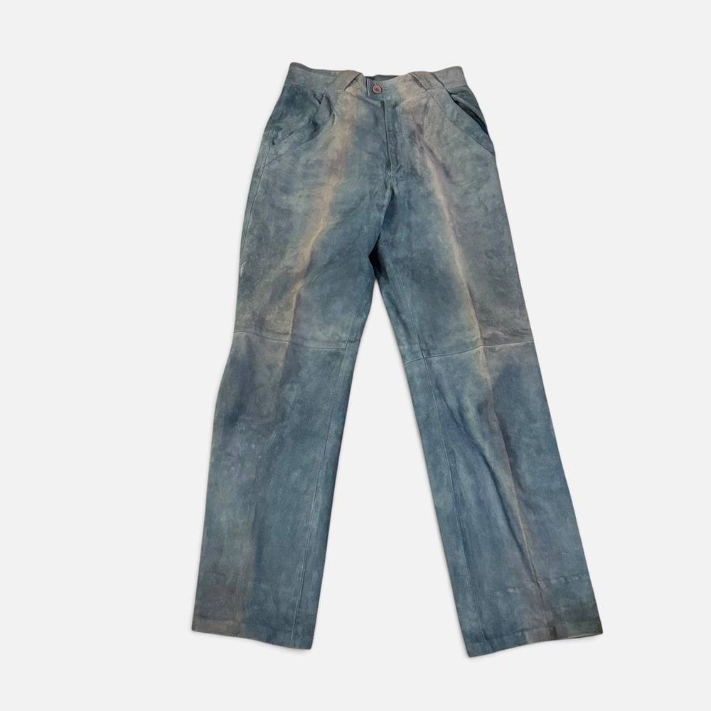 Vintage 90s Gianni Versace Design Suede Leather Pants Slate Blue 28 Flat Front